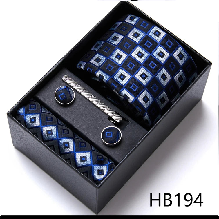 Sophisticated Silk Necktie Ensemble for Men: Complete Set with Necktie, Handkerchief, Cufflinks, and Tie Clips in Gift Box – Perfect Father's Day Gift - Home Fads