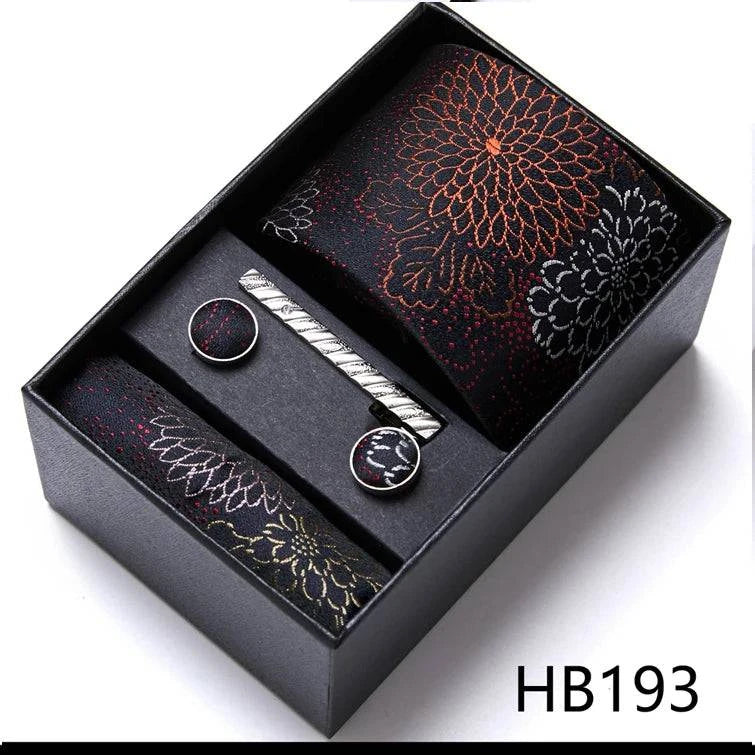 Sophisticated Silk Necktie Ensemble for Men: Complete Set with Necktie, Handkerchief, Cufflinks, and Tie Clips in Gift Box – Perfect Father's Day Gift - Home Fads