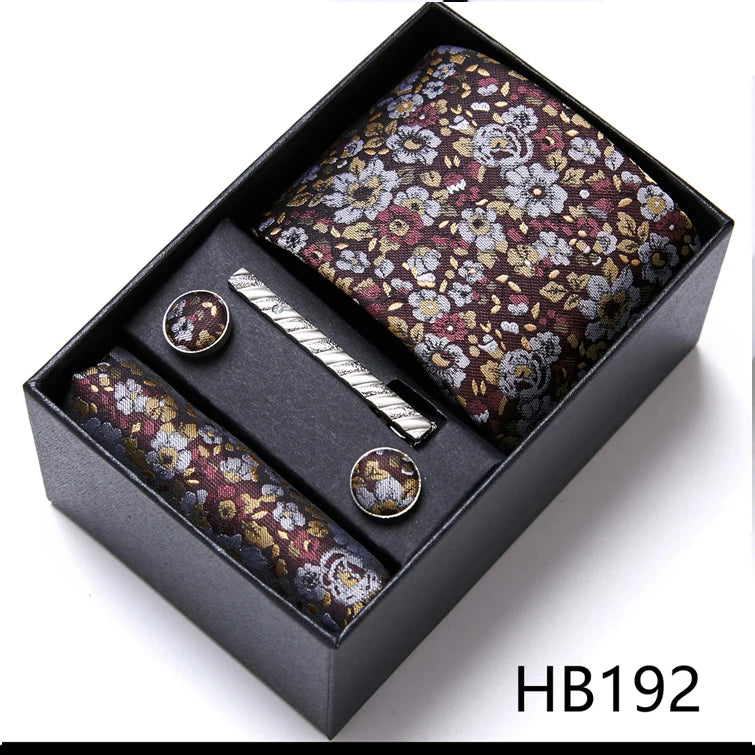 Sophisticated Silk Necktie Ensemble for Men: Complete Set with Necktie, Handkerchief, Cufflinks, and Tie Clips in Gift Box – Perfect Father's Day Gift - Home Fads