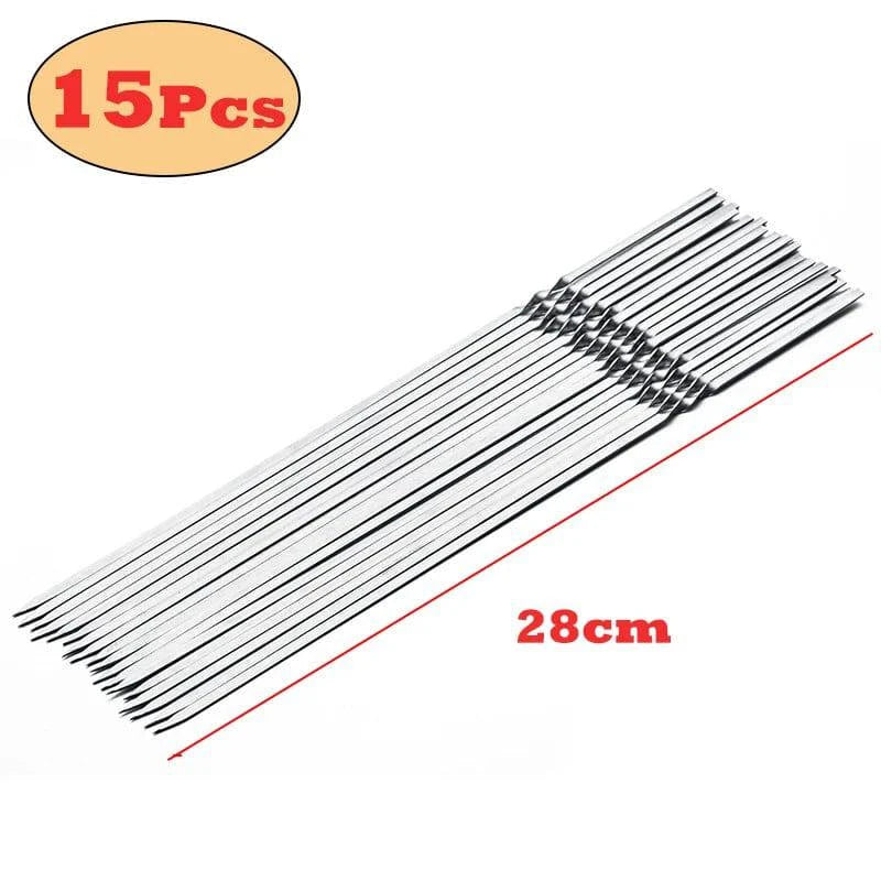 Stainless Steel Reusable BBQ Skewers Set - 10/15 Pack, Two Sizes (28cm & 33cm). Ideal for BBQs, Picnics, Grilling. Storage Tube Sold Separately - Home Fads