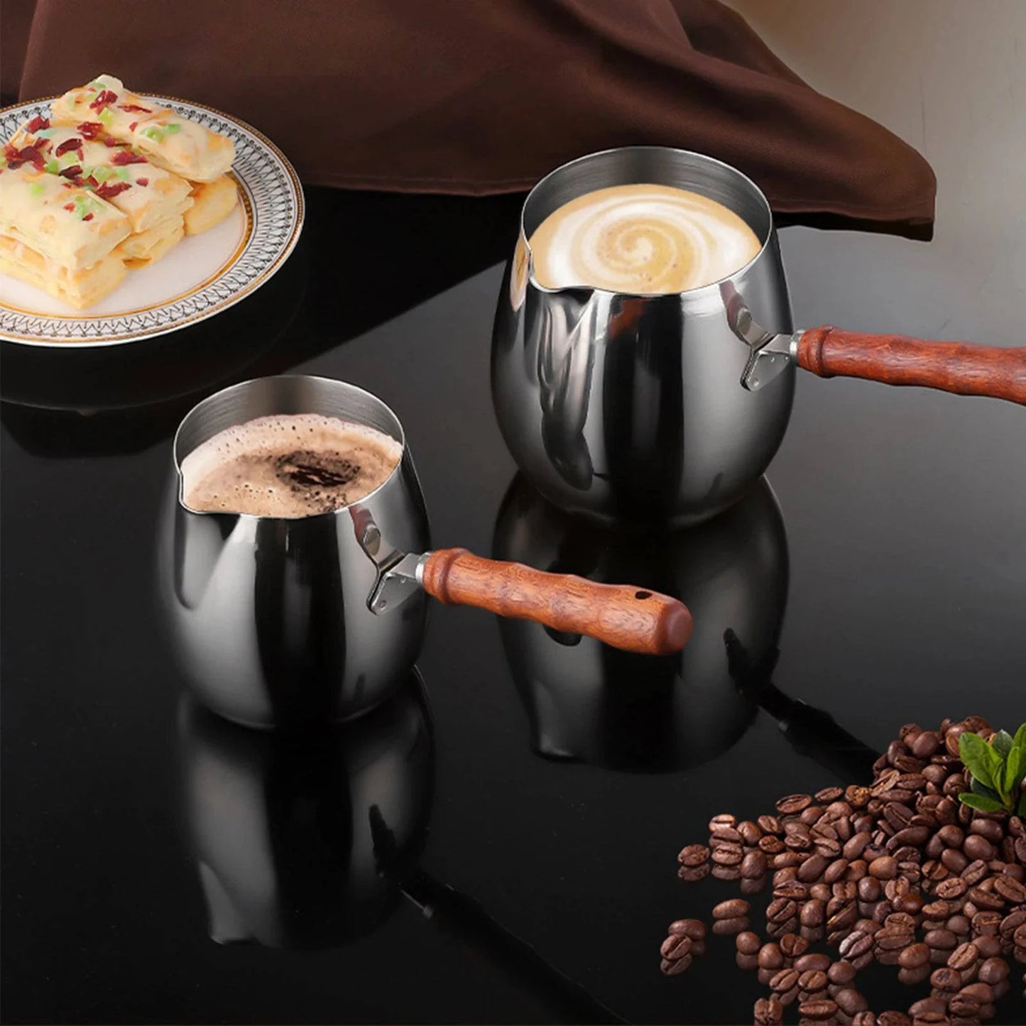 Stainless Steel Turkish Coffee Pot with Wooden Handle - Available in Small, Medium, and Large Sizes - Kitchen Tool for Coffee, Milk, and More - Home Fads