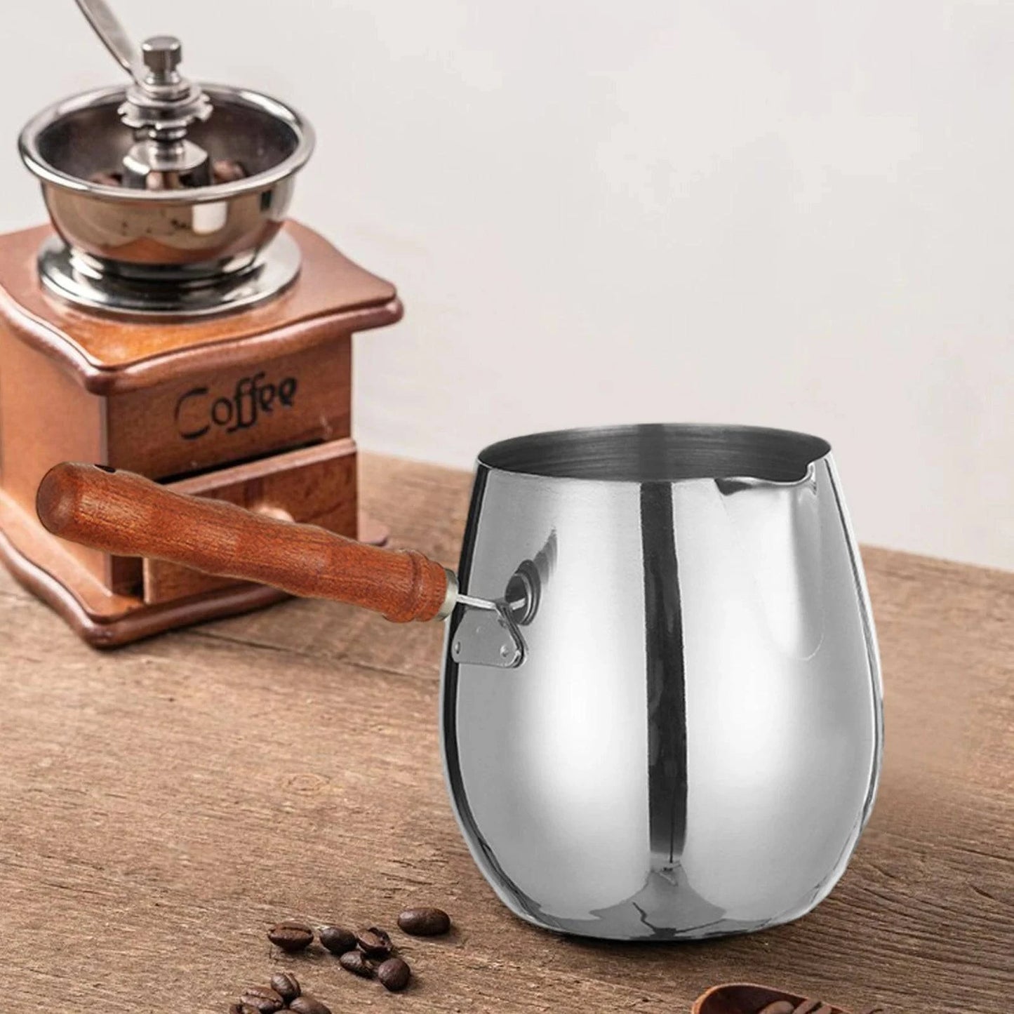 Stainless Steel Turkish Coffee Pot with Wooden Handle - Available in Small, Medium, and Large Sizes - Kitchen Tool for Coffee, Milk, and More - Home Fads