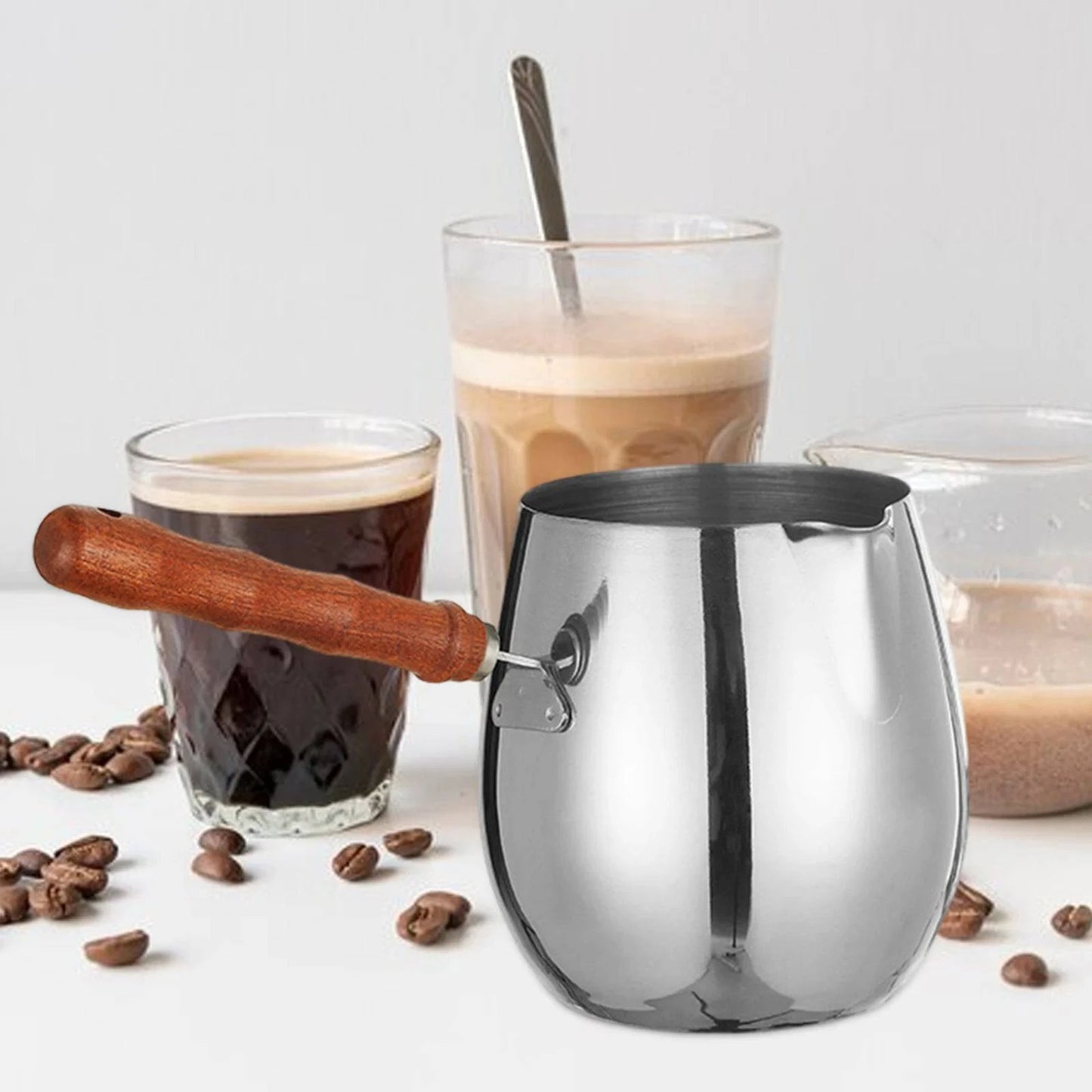 Stainless Steel Turkish Coffee Pot with Wooden Handle - Available in Small, Medium, and Large Sizes - Kitchen Tool for Coffee, Milk, and More - Home Fads