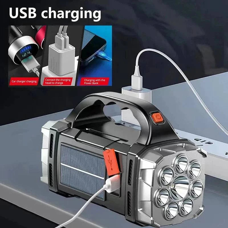 Versatile Rechargeable LED Flashlight with Solar Charging, COB Work Light, and Power Bank Functionality - Camping Lamp - Home Fads