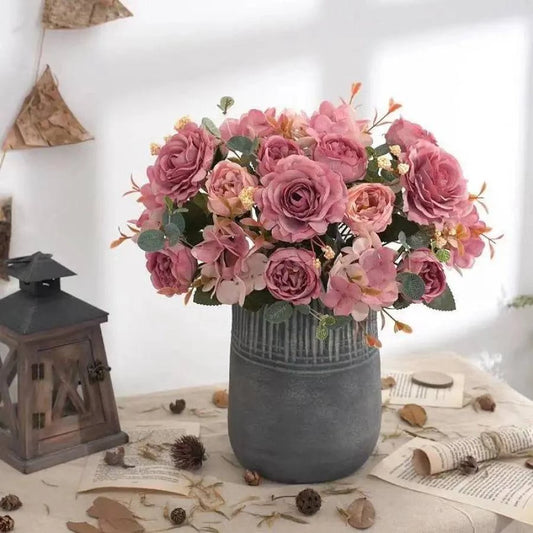 Vintage Silk Rose Bouquet Hydrangea Peony Artificial Flowers - Wedding Home Decoration - Home Fads