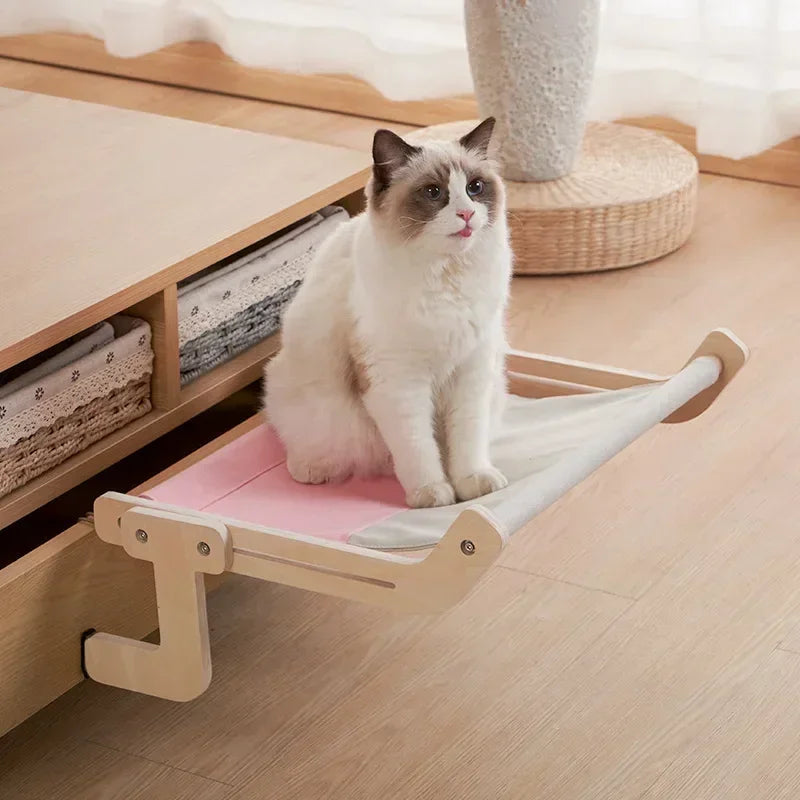Wooden Cat Window Hammock Bed – Detachable Hanging Perch with Washable Cotton Canvas, Easy No-Drill Installation, Holds up to 40 lbs - Home Fads