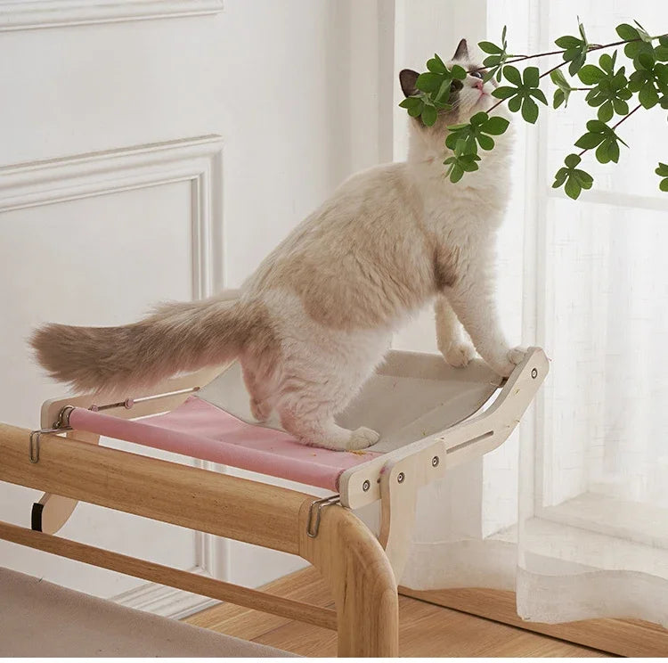 Wooden Cat Window Hammock Bed – Detachable Hanging Perch with Washable Cotton Canvas, Easy No-Drill Installation, Holds up to 40 lbs - Home Fads