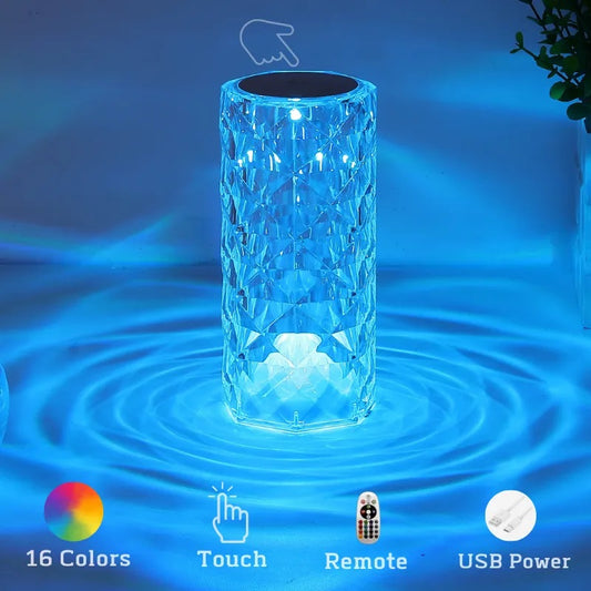 Rose Crystal Table Lamp - 3-Color and 16-Color Touch/Remote Dimmable Night Light for Bedroom and Living Room