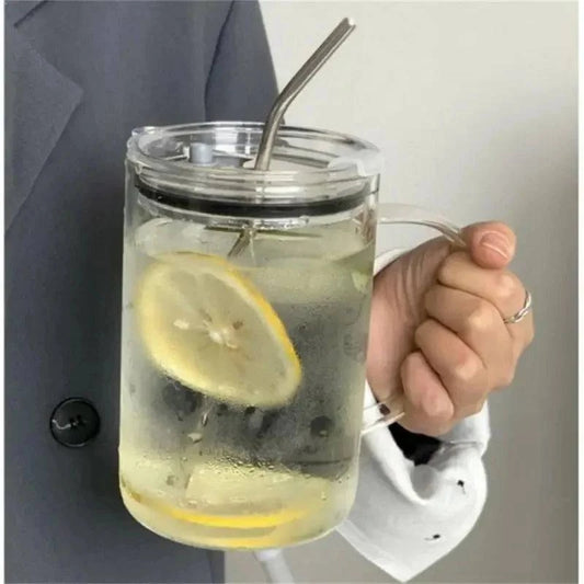 1-Liter Glass Tumbler with Lid and Straw - Versatile for Coffee Cup, Milk, Juice, Transparent Drinkware - Home Fads 