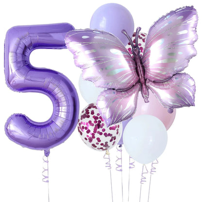 10-Piece Purple Butterfly 40-Inch Number Balloon Set - Perfect for Baby Showers, Birthdays, and Party Decorations - Home Fads 