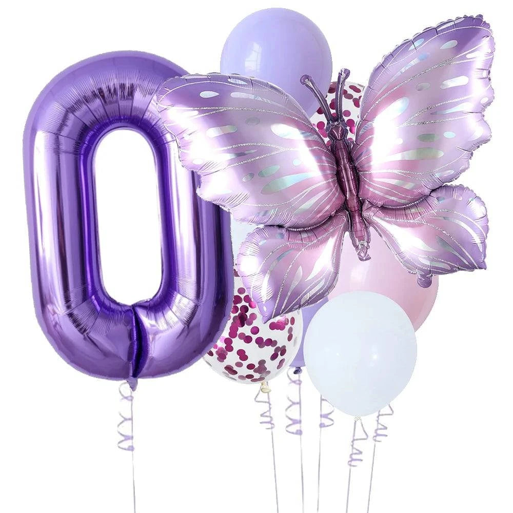 10-Piece Purple Butterfly 40-Inch Number Balloon Set - Perfect for Baby Showers, Birthdays, and Party Decorations - Home Fads 