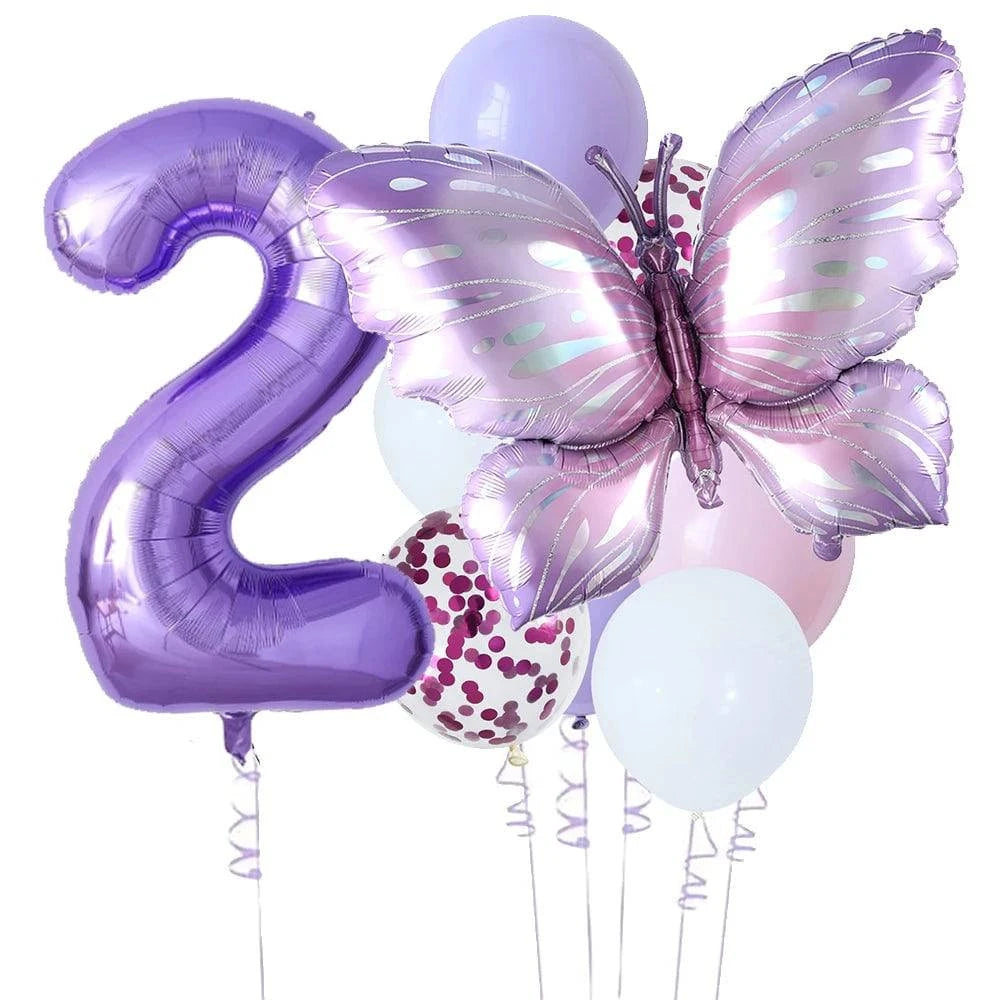 10-Piece Purple Butterfly 40-Inch Number Balloon Set - Perfect for Baby Showers, Birthdays, and Party Decorations - Home Fads 