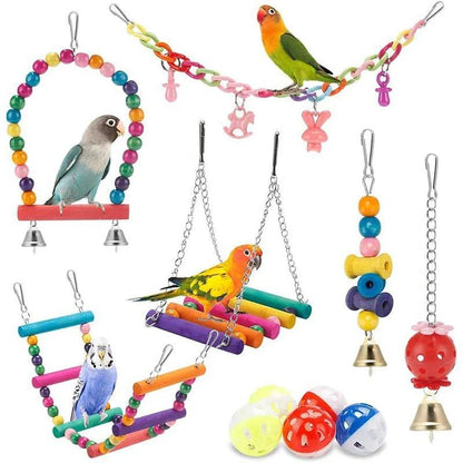 11-Piece Wooden Bird Cage Toy Set for Parrots - Swing, Chewable, Bite Bridge, Wooden Beads Shape, and More - Home Fads 