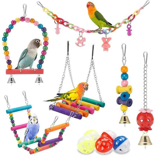 11-Piece Wooden Bird Cage Toy Set for Parrots - Swing, Chewable, Bite Bridge, Wooden Beads Shape, and More - Home Fads 