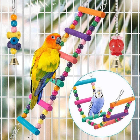 11-Piece Wooden Bird Cage Toy Set for Parrots - Swing, Chewable, Bite Bridge, Wooden Beads Shape, and More - Home Fads 