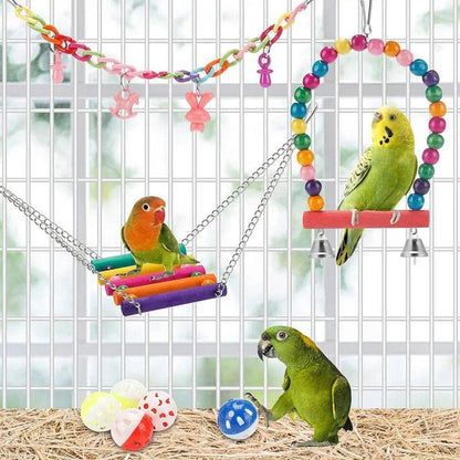 11-Piece Wooden Bird Cage Toy Set for Parrots - Swing, Chewable, Bite Bridge, Wooden Beads Shape, and More - Home Fads 