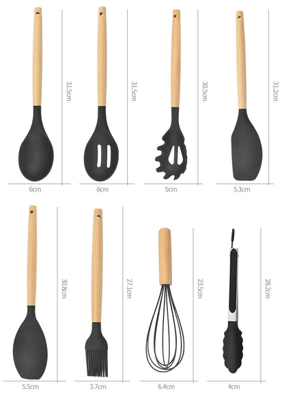 12-Piece Silicone Kitchen Utensils Set with Wooden Handles and Storage Bucket – Non-Stick Spatulas, Spoons, and Cooking Tools - Home Fads 