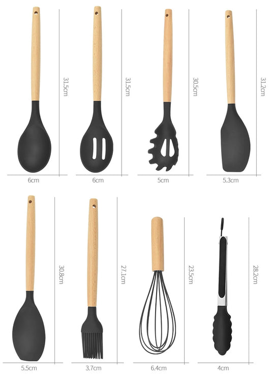 12-Piece Silicone Kitchen Utensils Set with Wooden Handles and Storage Bucket – Non-Stick Spatulas, Spoons, and Cooking Tools - Home Fads 