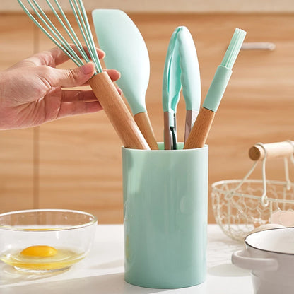 12-Piece Silicone Kitchen Utensils Set with Wooden Handles and Storage Bucket – Non-Stick Spatulas, Spoons, and Cooking Tools - Home Fads 
