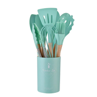 12-Piece Silicone Kitchen Utensils Set with Wooden Handles and Storage Bucket – Non-Stick Spatulas, Spoons, and Cooking Tools - Home Fads 