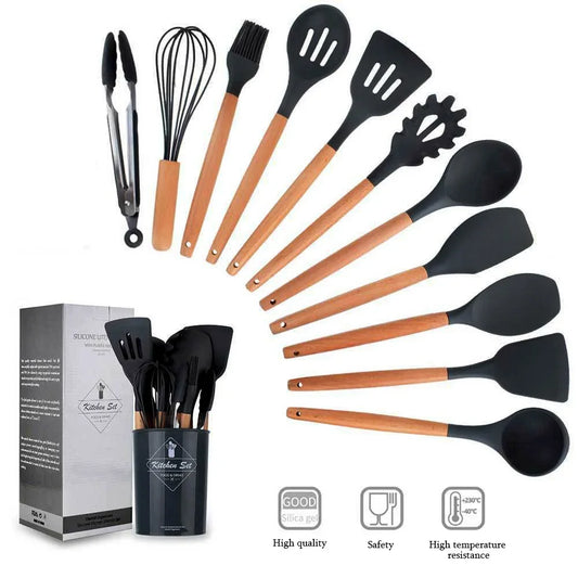 12-Piece Silicone Kitchen Utensils Set with Wooden Handles and Storage Bucket – Non-Stick Spatulas, Spoons, and Cooking Tools - Home Fads 