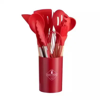 12-Piece Silicone Kitchen Utensils Set with Wooden Handles and Storage Bucket – Non-Stick Spatulas, Spoons, and Cooking Tools - Home Fads 