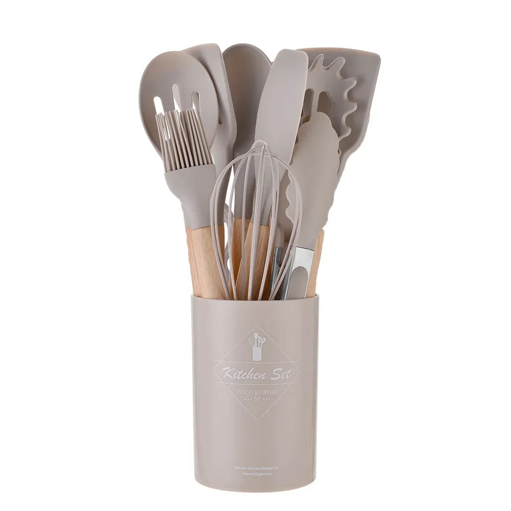 12-Piece Silicone Kitchen Utensils Set with Wooden Handles and Storage Bucket – Non-Stick Spatulas, Spoons, and Cooking Tools - Home Fads 