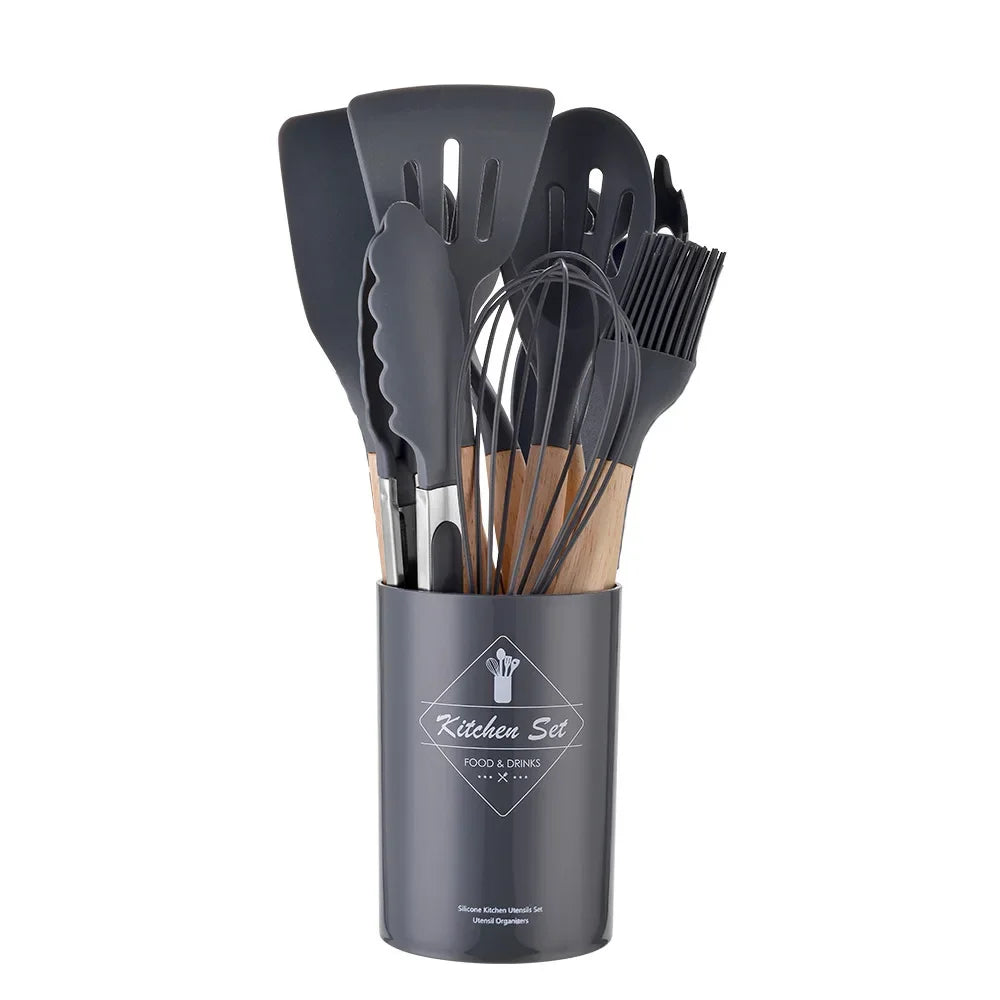 12-Piece Silicone Kitchen Utensils Set with Wooden Handles and Storage Bucket – Non-Stick Spatulas, Spoons, and Cooking Tools - Home Fads 
