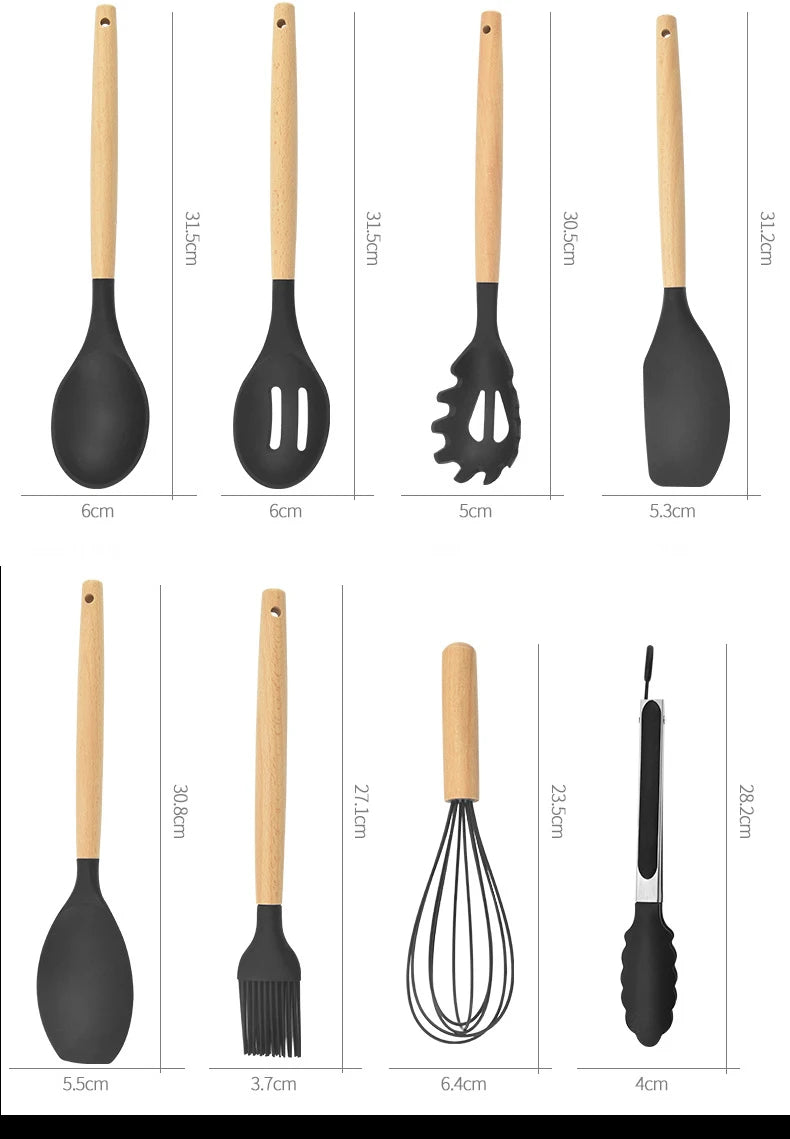 12-Piece Silicone Kitchen Utensils Set with Wooden Handles and Storage Bucket – Non-Stick Spatulas, Spoons, and Cooking Tools - Home Fads 