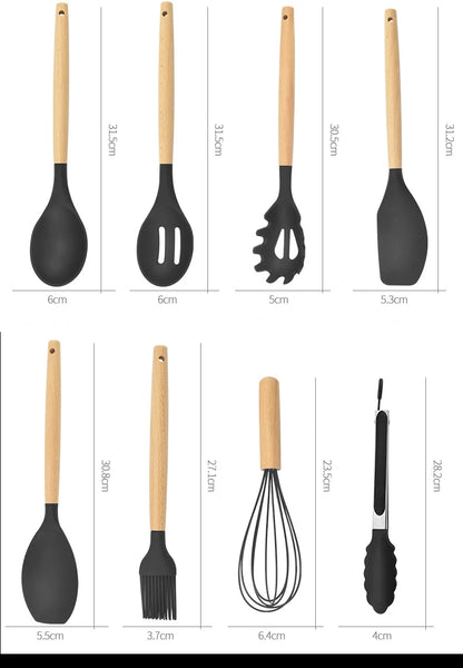 12-Piece Silicone Kitchen Utensils Set with Wooden Handles and Storage Bucket – Non-Stick Spatulas, Spoons, and Cooking Tools - Home Fads 
