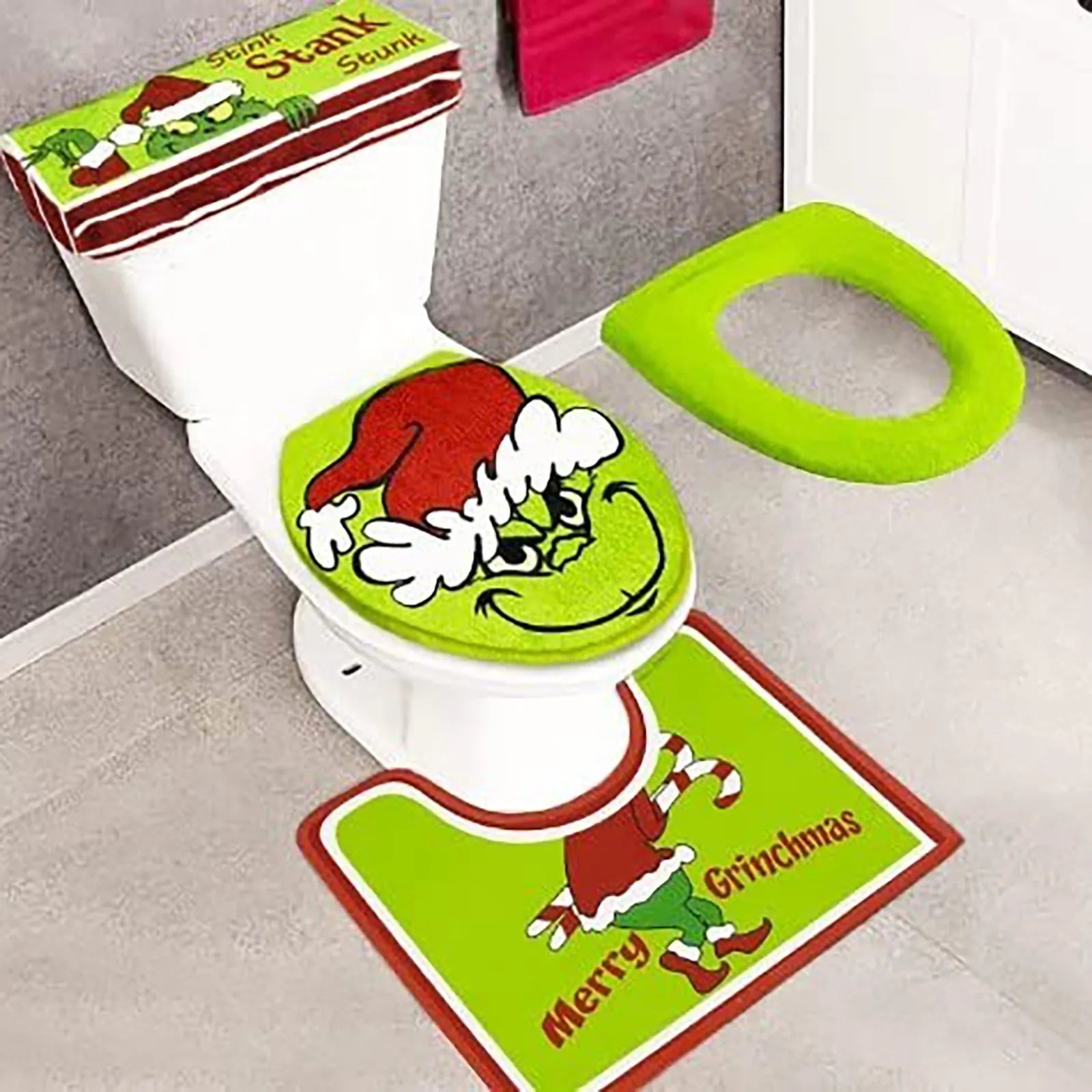 4-Piece Grinch-Themed Bathroom Set – Toilet Seat Cover, Tank Cover, U-Shaped Rug, and Foot Pad for Festive Bathroom Decor - Home Fads 