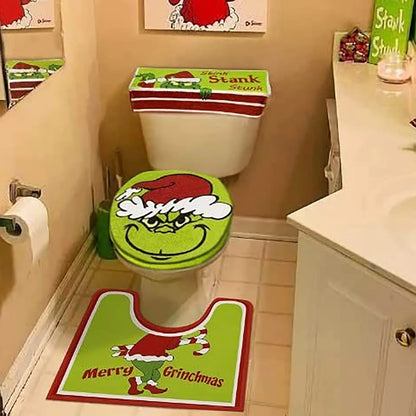 4-Piece Grinch-Themed Bathroom Set – Toilet Seat Cover, Tank Cover, U-Shaped Rug, and Foot Pad for Festive Bathroom Decor - Home Fads 