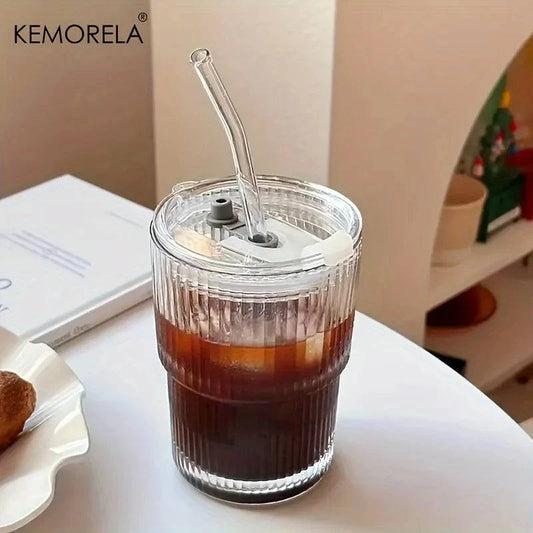 450ml Stripe Glass Cup with Lid and Straw - Set of 1 or 2, Transparent Drinkware for Coffee, Tea, Juice, Milk, Water - Home Fads 