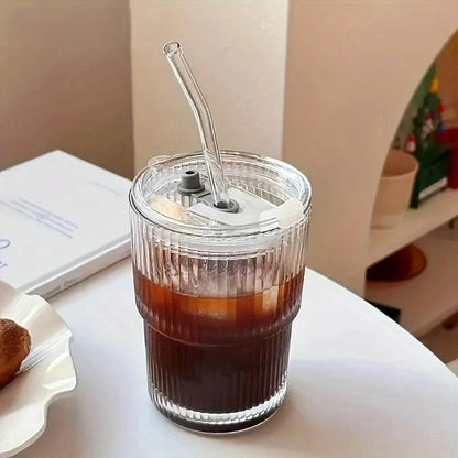 400ml Stripe Glass Cup with Lid and Straw - Set of 1 or 2, Transparent Drinkware for Coffee, Tea, Juice, Milk, Water - Home Fads 