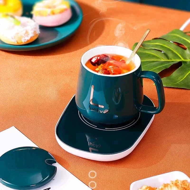 55°C Smart Mug Set – USB-Powered Heated Saucer with Ceramic Mug, Lid & Spoon – Ideal for Home & Office - Home Fads 