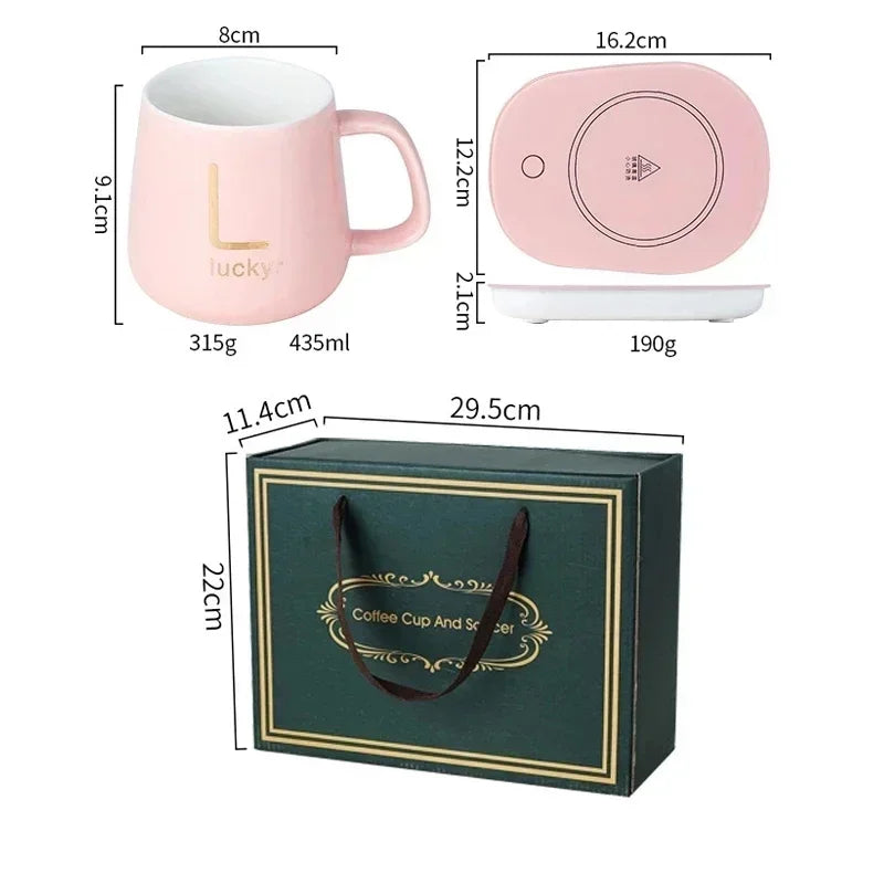 55°C Smart Mug Set – USB-Powered Heated Saucer with Ceramic Mug, Lid & Spoon – Ideal for Home & Office - Home Fads 