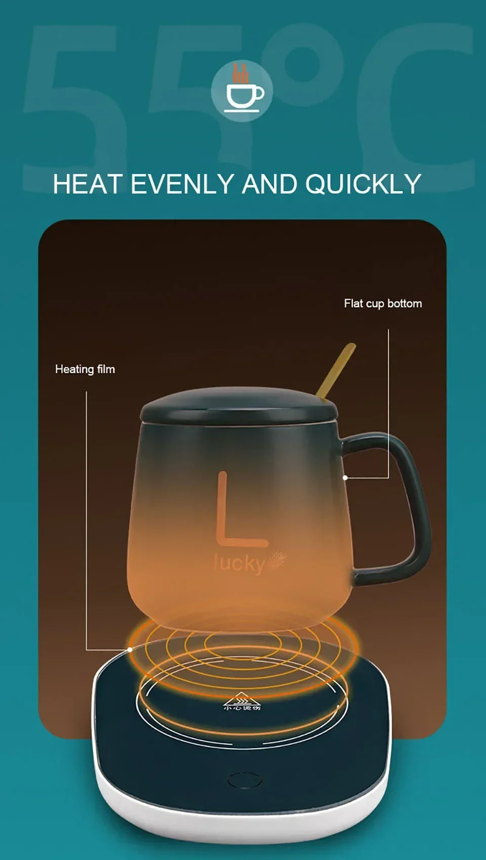 55°C Smart Mug Set – USB-Powered Heated Saucer with Ceramic Mug, Lid & Spoon – Ideal for Home & Office - Home Fads 