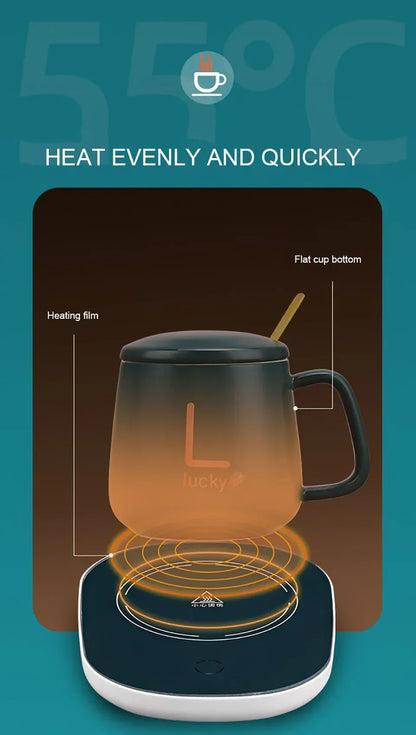 55°C Smart Mug Set – USB-Powered Heated Saucer with Ceramic Mug, Lid & Spoon – Ideal for Home & Office - Home Fads 