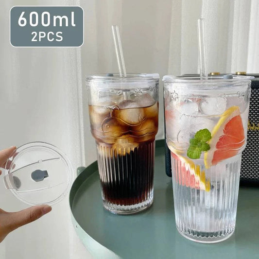 600ml Transparent Stripe Glass Cups with Lids and Straws – Set of 1 or 2 for Juice, Water, and Iced Coffee - Home Fads 
