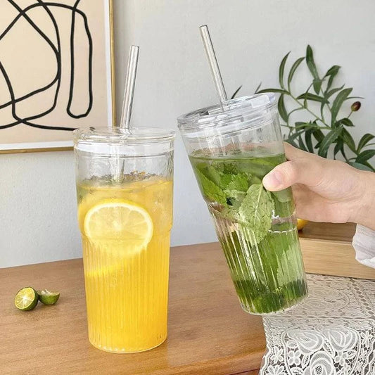 600ml Transparent Stripe Glass Cups with Lids and Straws – Set of 1 or 2 for Juice, Water, and Iced Coffee - Home Fads 