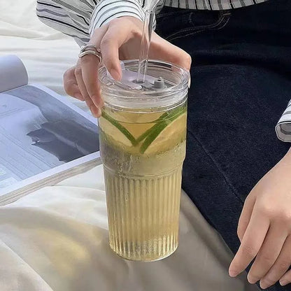 600ml Transparent Stripe Glass Cups with Lids and Straws – Set of 1 or 2 for Juice, Water, and Iced Coffee - Home Fads 