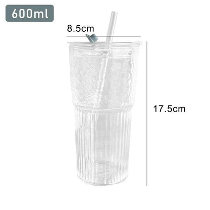 600ml Transparent Stripe Glass Cups with Lids and Straws – Set of 1 or 2 for Juice, Water, and Iced Coffee - Home Fads 