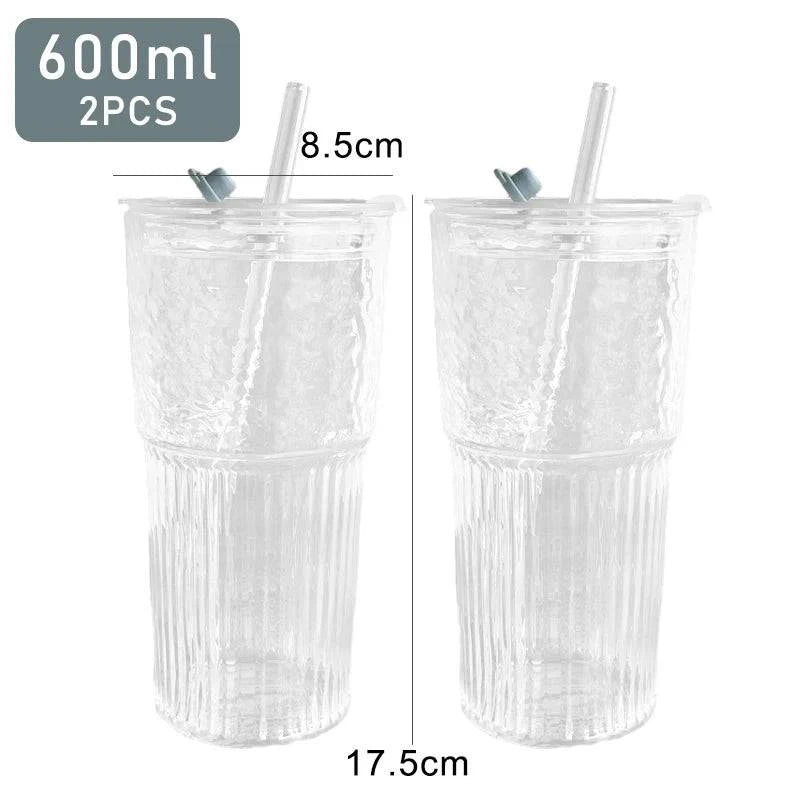 600ml Transparent Stripe Glass Cups with Lids and Straws – Set of 1 or 2 for Juice, Water, and Iced Coffee - Home Fads 