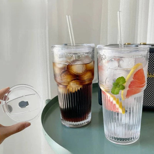 600ml Transparent Stripe Glass Cups with Lids and Straws – Set of 1 or 2 for Juice, Water, and Iced Coffee - Home Fads 