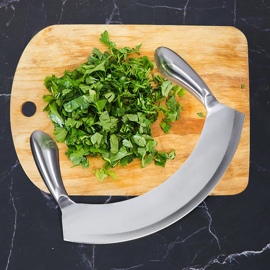 8.5-Inch Stainless Steel Mezzaluna Knife – Herb Mincer, Vegetable Chopper, Salad Dicer, and Pizza Cutter with Curved Blade - Home Fads 