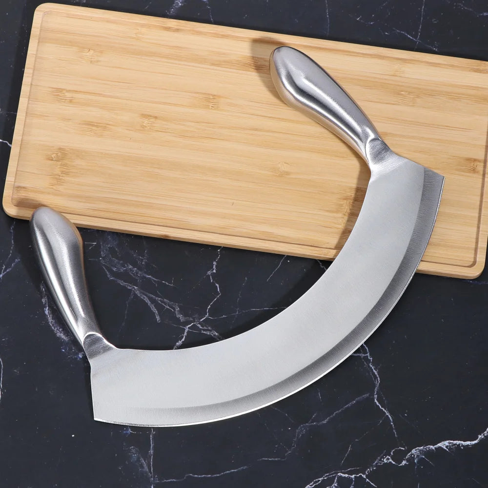 8.5-Inch Stainless Steel Mezzaluna Knife – Herb Mincer, Vegetable Chopper, Salad Dicer, and Pizza Cutter with Curved Blade - Home Fads 