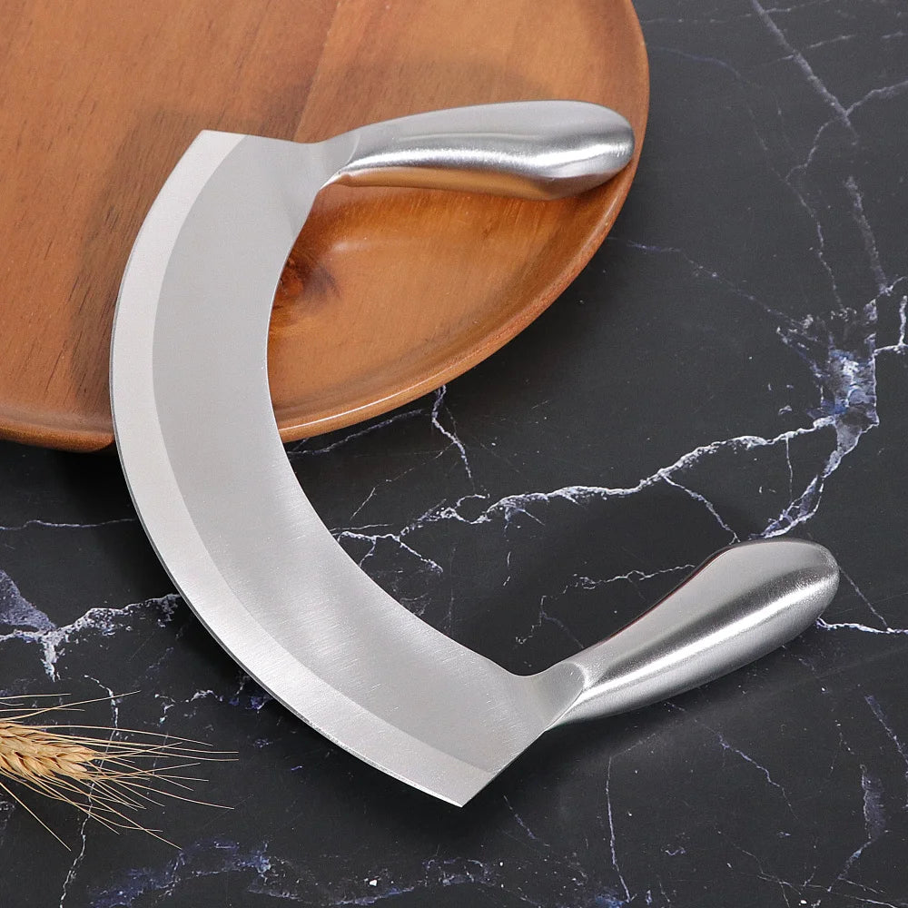 8.5-Inch Stainless Steel Mezzaluna Knife – Herb Mincer, Vegetable Chopper, Salad Dicer, and Pizza Cutter with Curved Blade - Home Fads 