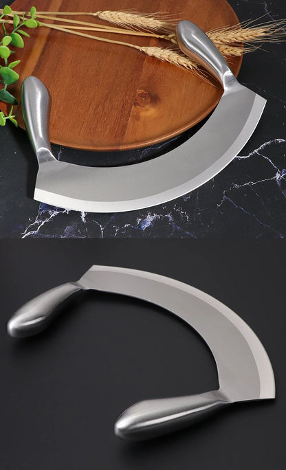 8.5-Inch Stainless Steel Mezzaluna Knife – Herb Mincer, Vegetable Chopper, Salad Dicer, and Pizza Cutter with Curved Blade - Home Fads 