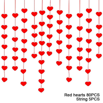 80-Piece Red Heart Felt Garland with 5 Strings for Valentines Day Decor - Ideal for Weddings, Birthdays, and Parties - Home Fads 