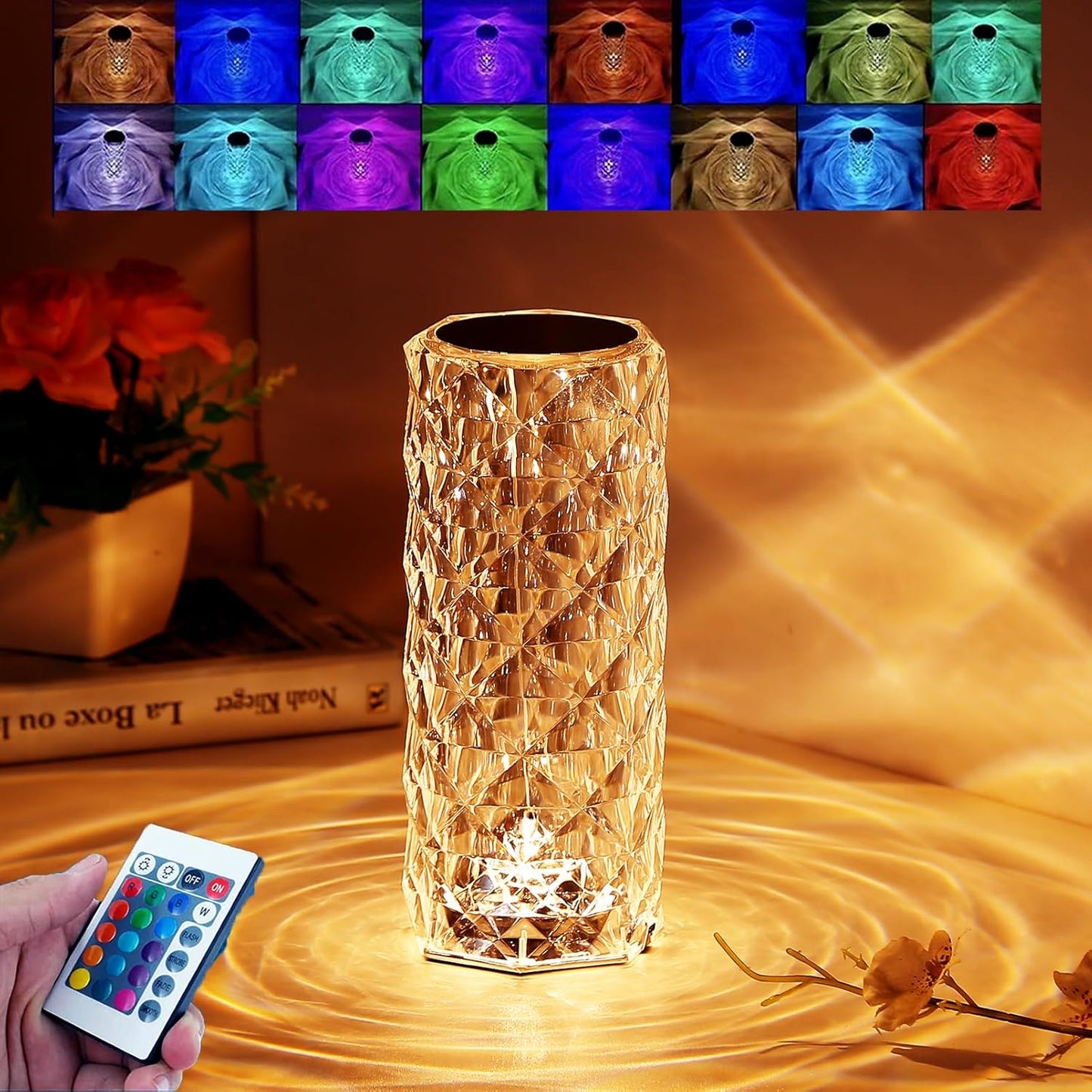 Rose Crystal Table Lamp - 3-Color and 16-Color Touch/Remote Dimmable Night Light for Bedroom and Living Room - Home Fads 